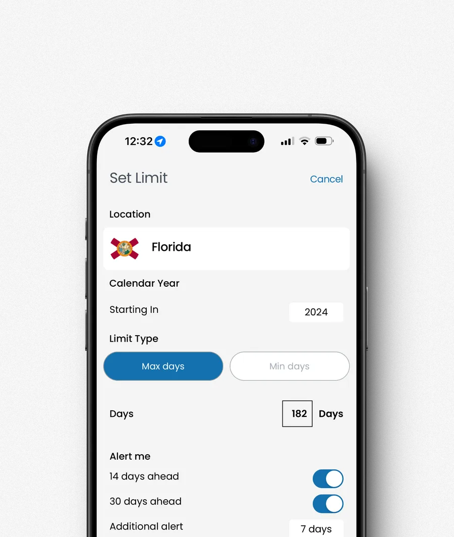Day31 limit editor for Florida with a 182-day maximum and alerts 14 and 30 days ahead